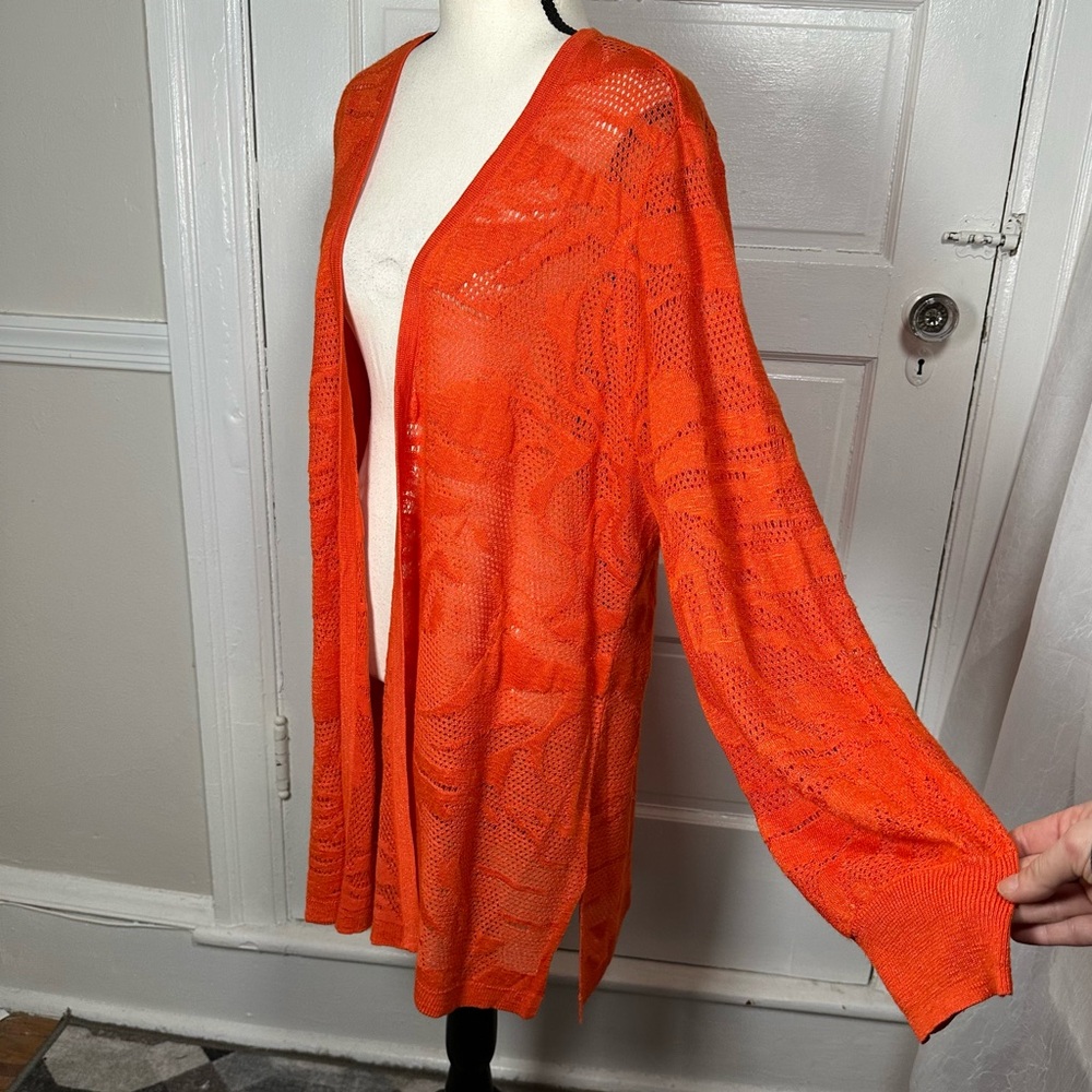 Chico's Orange Pointelle Palms Cardigan Sweater Open Knit Boho Casual XL NWOT - Picture 9 of 17